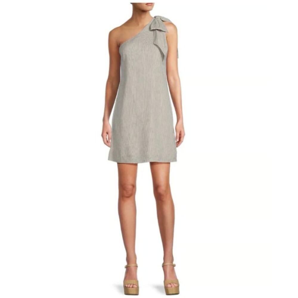 Antonio Melani Charlie Striped Linen Blend One Shoulder Bow Shift Mini Dress